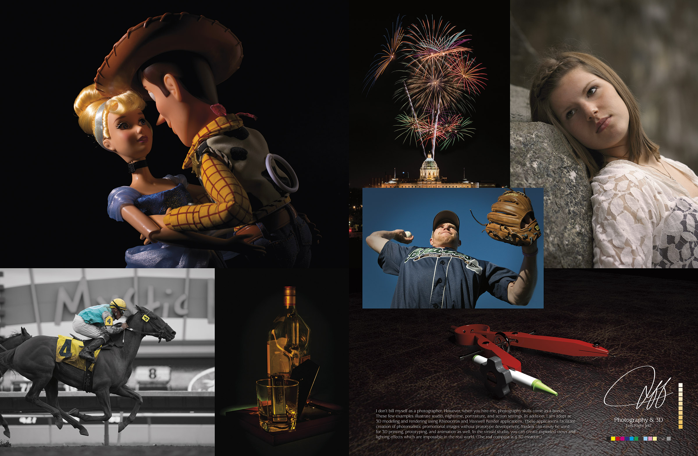 This is the Photography & 3D spread from Jeff Nelson’s portfolio.
