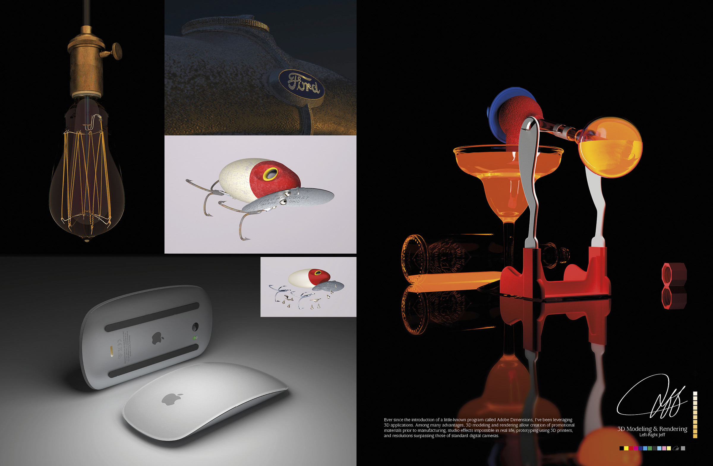 This is the 3D Modeling & Rendering spread from Jeff Nelson’s portfolio.