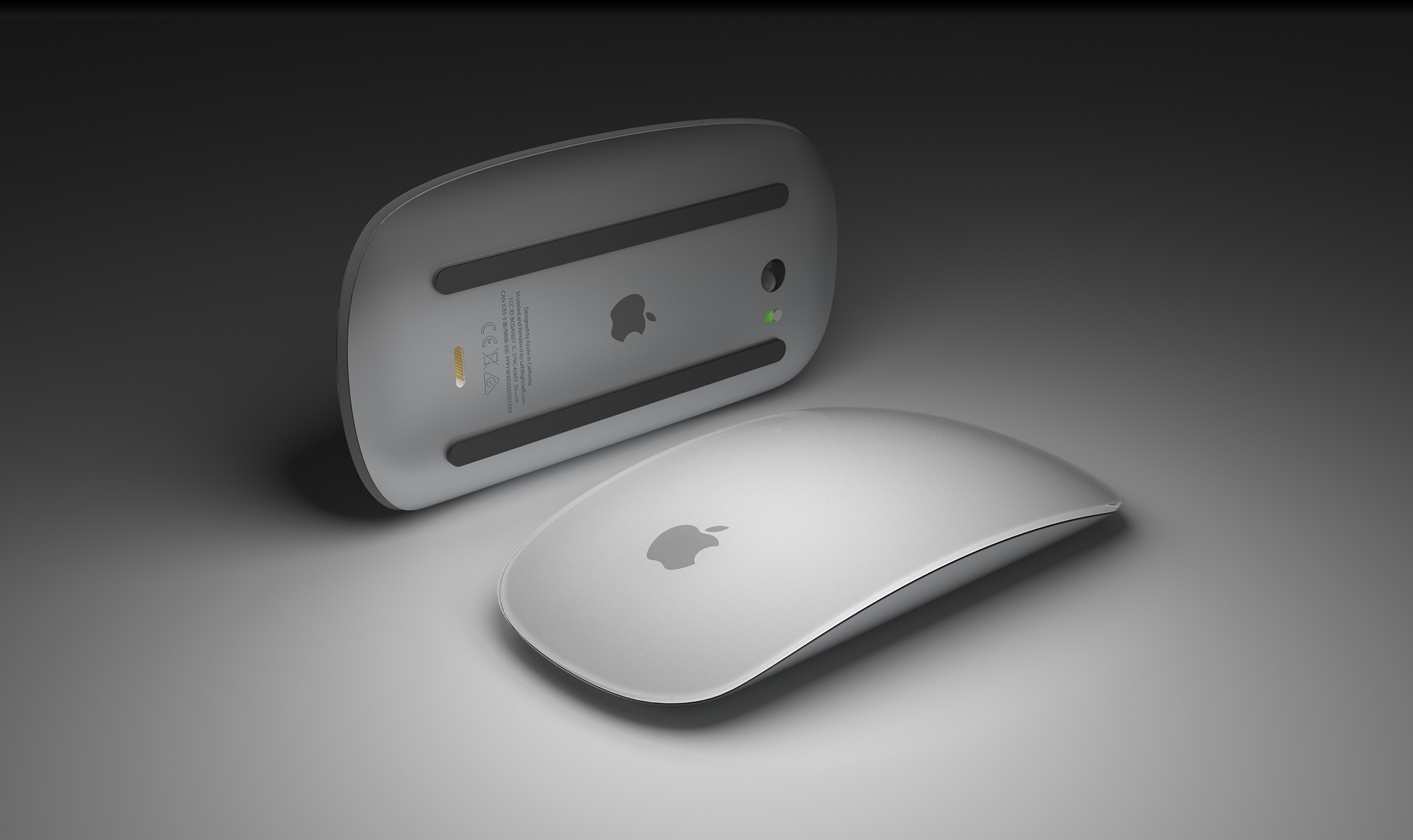 This is a 3D Apple Magic Mouse modeled and rendered by Jeff Nelson.